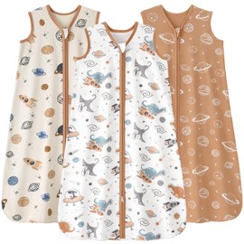 FIEMOL Baby Sleep Sack 0-6 months, 100% Cotton Sleeping Sack for Newborn and Infant, 3 Pack Baby Wearable Blanket for Boy and Girl, 0.5 Tog Lightweight Double Zipper Sleep Bag Coffee Dinosaur Planet