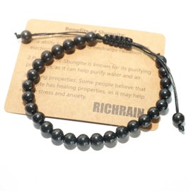 RICHRAIN Shungite Bracelet for Men and Women, Natural Shungite Bracelet, Hand-Woven Adjustable Cord, Beaded Bracelet, Round, Black, for Crystal Protection (6 mm)