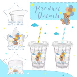 Xuelimei 50 Pcs Baby Shower Party 12 oz Disposable Plastic Cup with Lids Bear Cups Baby Shower Table Decorations Baby Shower Party Disposable Clear Plastic Cups for Party Favors. (50, Blue)