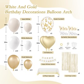 White and Golden Birthday Party Decorations with Happy Birthday Banner Fringe Curtai Tablecloth Butterfly Decorations Foil Balloons Happy Birthday Decorations for Women