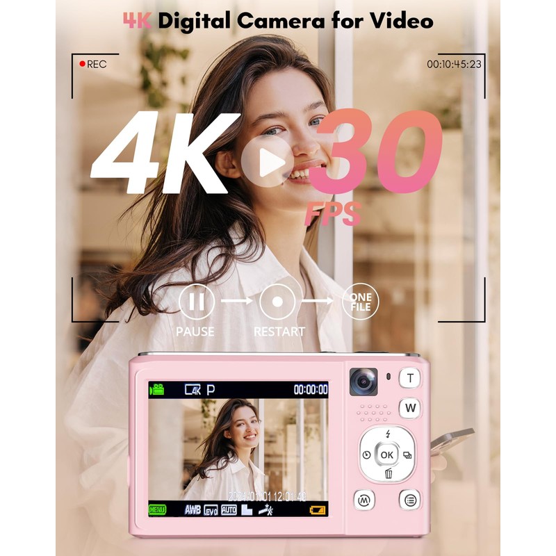 Digital Camera, 4K Autofocus Vlogging Camera with 32GB Card,48MP Point