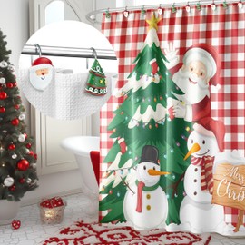 Sunlit Christmas Tree Santa Claus Decorative Shower Curtain Hooks, Green White Shower Curtain Rings, Resin, Xmas Theme Winter Holiday Bathroom Decoration, Set of 12