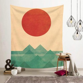 Shukqueen Wall Tapestry, Bohemian HD Printed Tapestry, Wall Art, Tablecloth, Furniture Cover, Ceiling Cover, Room Divider, Home Decor, Picnic Blanket, Gifts (51" x 60", Ocean and Red Sun)