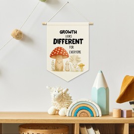 MNASAIOO Mental Health Mushroom Kids Room Decor, Cute Nursery Classroom Banner Canvas, Growth Looks Different for Everyone Wall Hanging Frame Decor Art Pennant Flag for Toddler Room Playroom 11x15in