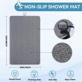 QiCaiJia Non Slip Shower Mat Bathtub Mat 20x32 Inch, Quick Dry Bath Mat with Drain, Soft PVC Imitation Loofah Foot Scrubber Bath Mats for Bathroom Tub Shower Floor, Hangable & Hook Included, Gray