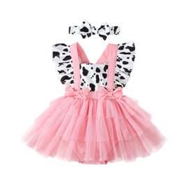 Newborn Baby Girl Bodysuit Tulle Romper Dress Infant Ruffle Sleeve Jumpsuit Bowknot Headband Summer Clothes Set (Cow Pink, 12-18 Months)
