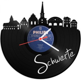 GRAVURZEILE Vinyl Record Clock, Skyline Swords, Wall Clock Made of Cast Vinyl with City Skyline, 30 cm, Upcycling Design Clock, Wall Decoration, Vintage Clock, Wall Decoration, Retro Clock, Made in