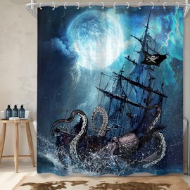 Cinbloo Kids Octopus Beach Shower Curtain 60Wx72H Nautical Kraken Anime Pirate Ship Bathroom Curtain Set Navy Blue Sea Wave Sailboat Gothic Ocean Moon Night Anime Bathroom Decor Fabric with 12 Hooks