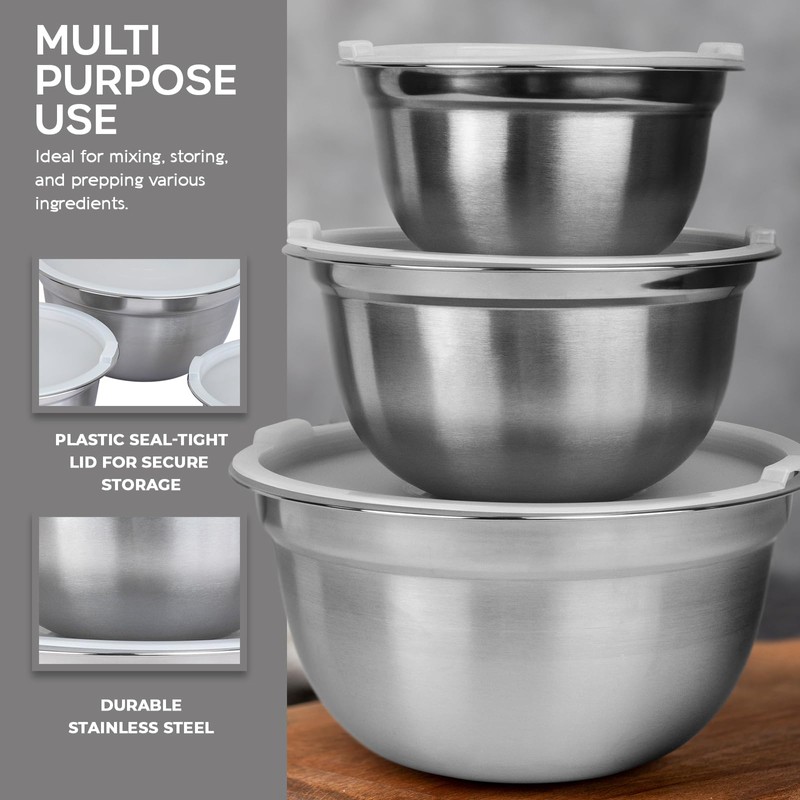 Luminuxe 3-Piece Stainless Steel Mixing Bowl Set with Lids –