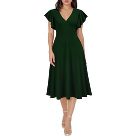WOOSEA Women's Ruffle Short Sleeve Deep V Neck A Line Swing Flared Cocktail Party Midi Dress Green