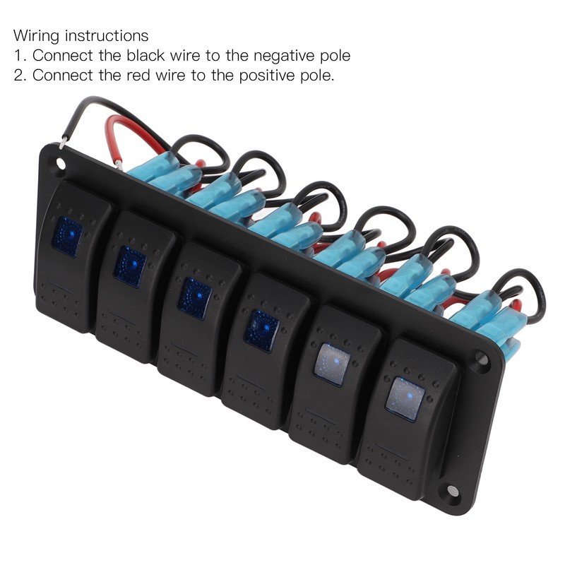 6 Gang Rocker Switch Panel Overcurrent Protection LED Blue Backlit