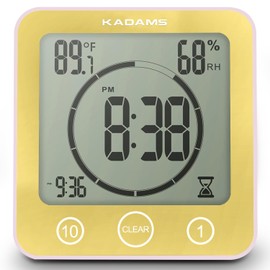 KADAMS Shower Clock Waterproof Bathroom Timer – Digital Wall Clock with Countdown, Magnetic Kitchen Clock with Temperature & Humidity, Suction Cup for Kids Shower Spa Sauna Cook Bath (Yellow)