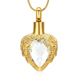 Gold Angel Wings Glass Heart Urn Pet/Human Cremation Pendant Necklace Jewelry for Ashes