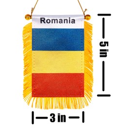 ZXvZYT 3 X 5 Inch Romania Window Hanging Flag Romanian Small Mini Car Flags Banners Rearview Mirror Decoration - with Suction Cup & Golden Fringy Banner(2 Pack)