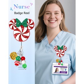 JoySolar Christmas Badge Reel Retractable - Cute Cartoon Red White Mouse Retractable ID Name Card Badge Reel Holder with Alligator Clip, Nurse Office Medical Worker Student Accessories Gifts