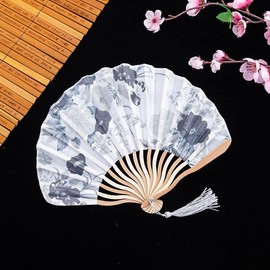 Chinese Vintage Folding Fans Handheld Fans with Tassel Floral Printed Bamboo Fans Silk Fabric Traditional Fans Classical Delicate Fans for Dancing Cosplay Party Props Decoration Gifts (Ink Color)