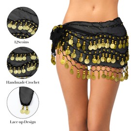 guduling Belly Dancing Hip Scarf, Black Belly Dance Skirt with 128 Metal Sequins, Belly Dance Hip Scarf, Chiffon Material, Dancing Performance Costumes, Black and Gold