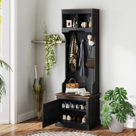 3-in-1 Hall Tree with Shoe Storage, Coat Rack with Bench, Entryway Furniture with Five Hooks, Black Wood Graincolor: Black Color