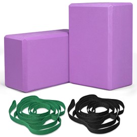 Yoga Block and Yoga Strap Set, 2 Soft Non-Slip Yoga Blocks 9×6×4 inches, 10 Loops Stretching Yoga Strap, Meditation, Balance, Pilates, Stretching and Deep Poses (Purple)