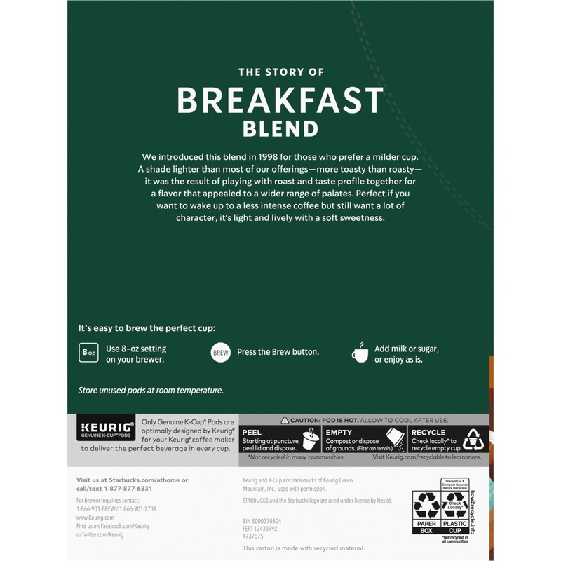 Starbucks K-Cup Coffee Pods, Medium Roast Coffee, Breakfast Blend, 100%