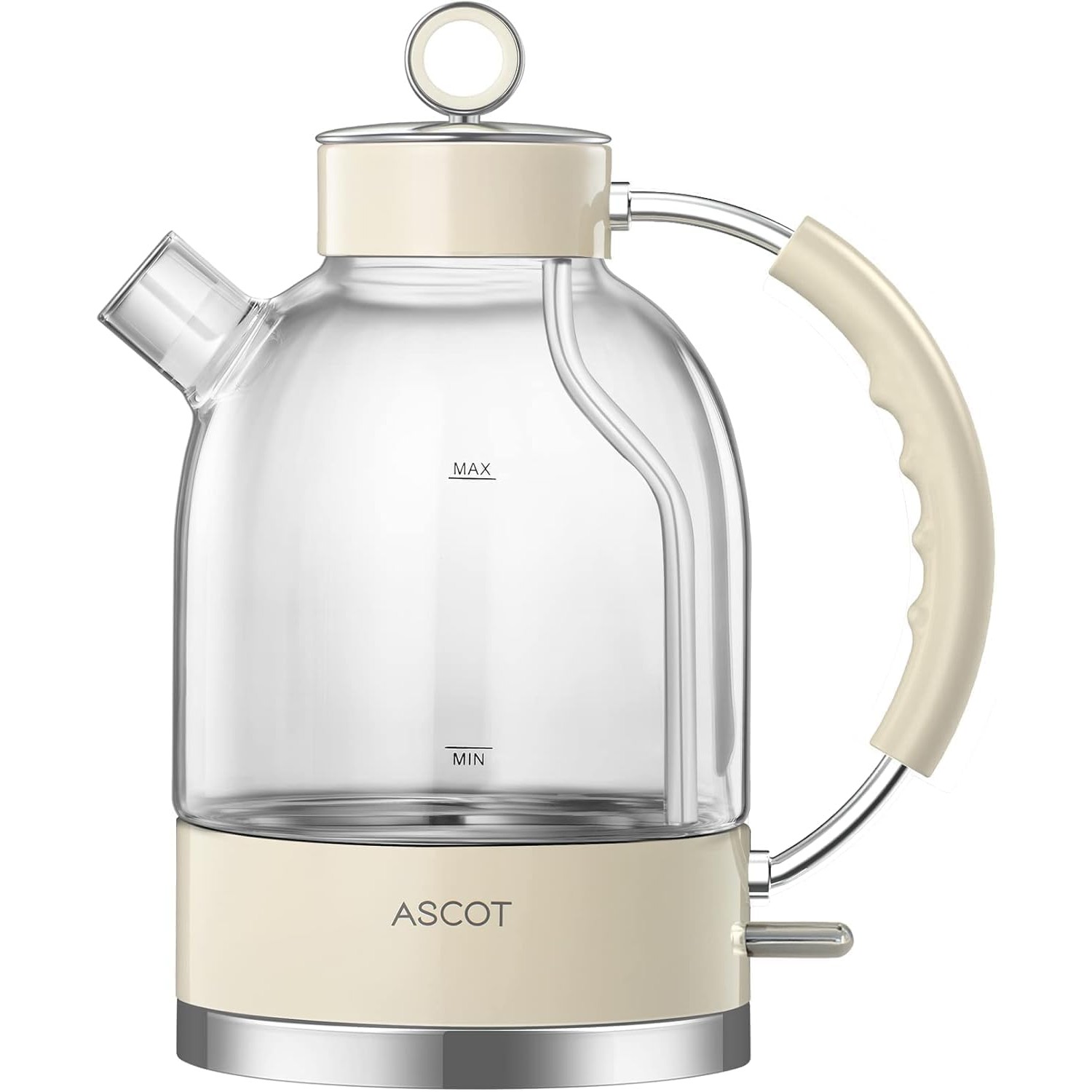 ASCOT Electric Kettle, Glass Electric Tea Kettle Boiler Gifts for Men/Women/Family 1.5L 1500W Borosilicate Glass Tea Heater, with Auto Shut-Off and Boil-Dry Protection (Cream)