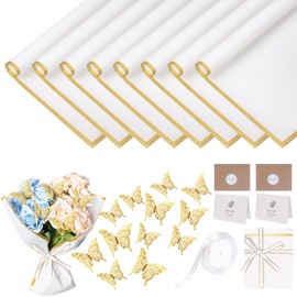 20 Sheets Waterproof Flower Wrapping Paper, White Bouquet Floral Wrapping Paper with Ribbons, Cards, Butterfly Decorations for Flower Gift Wrapping(White)