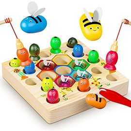 COOLJOYA Wooden Fishing Game Toy 2 3 4 5 Year Old Boy Girl Gifts | Bee Magnetic Fishing Game Montessori Toys 2 In1 Wooden Kids Fishing Learning Educational Toys | Motor Skills Toddler Toys