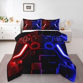 Erosebridal Erosebridal Gamer Comforter Set for Boys Bedding Set 2-Piece Game Console Comforter for Kids Girls Teen 3D Black Gamepad Gaming Bed Sets with Neon Check(Red Blue,Twin)