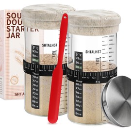 Sourdough Starter Kit-1100ml/39Oz, Sour Dough Starter Jar With Stainless Steel Lid, Thermometer, Silicone Scraper, Cloth Cover And Date Marked Feeding Band (2 Pack)