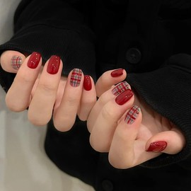 Floral Acrylic Press on Nails Short Square Fake Nails Cute Grid Designs Red Stripe Full Cover Design Nail Art Decoration Glossy Full Medium Cover Acrylic False Nails Extra Stick on Nails 24PCS