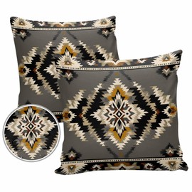 Lsrtoss Grey Orange Black Outdoor Waterproof Pillow Covers, Geometric Boho Ethnic Southwestern Decorative Square Throw Pillowcase Sofa Cushion Sham for Patio/Couch/Chair, 20"x20" 2 Pack