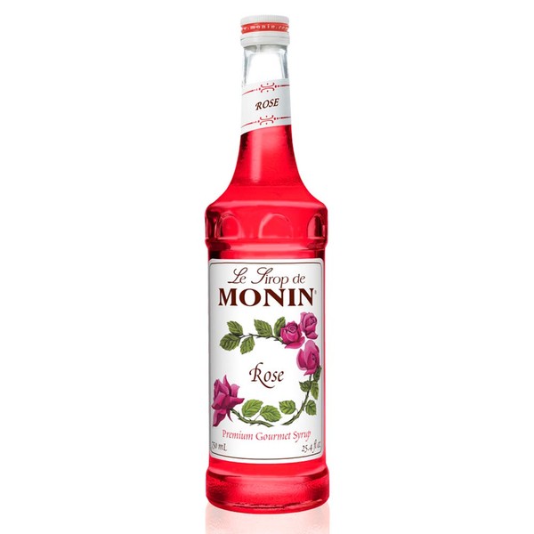 Monin Rose Syrup, 25.4-Ounce (750 ml) Glass Bottle with Monin BPA Free Pump. Boxed.