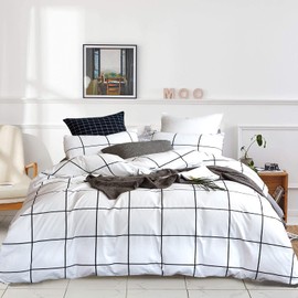 KAREVER White Grid Comforter Set Big Grid Bedding Set Full Cotton White Black Plaid Printed Stripes Women Checkered Comforters Bedding Set Girls White Grid Bed Blanket Set White Plaid Full Comforter