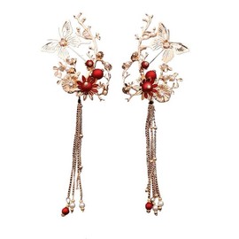 Hairpins Butterfly Tassel Pins Hair Clip Hair Ornament Accessory for Traditional Clothes Decoration (Red, One size)