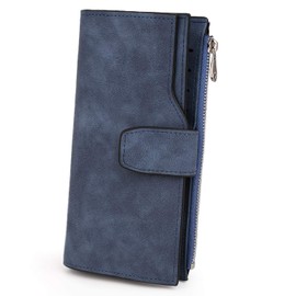 UTO Ladies Card Purse RFID Blocking Women Phone Clutch Wallet Zipper Coin Pocket Snap Closure PU Matte Leather Dark Blue