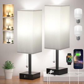 Bedside Table Lamps Set of 2 - Grey Bedroom Lamps with 3 Color Temperatures (3000K/5000K/4000K), Two Square Nightstand Lamps with USB C + A Charging Ports, Pull Chain Small Night Light for End Table