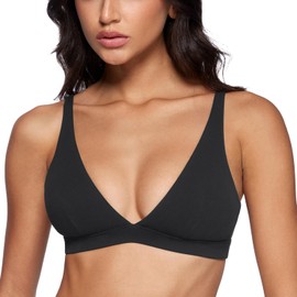 INGIA Sujetador Deportivo Mujer Acolchado con Cuello en V Profundo de Bajo Impacto Fitness Yoga Contour Crop Top con U Espalda Sin Varillas Negro Chico
