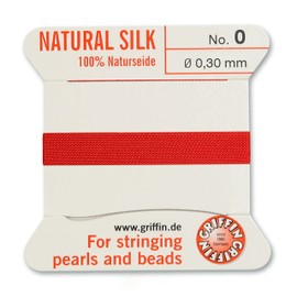 Griffin Silk Bead Cord Perlseide – Red Color – Size 0 (0.30mm) – 2 Meters per Card – Stainless Steel Needle Attached – for Knotting Pearls, Gemstones, Crystals and Beads