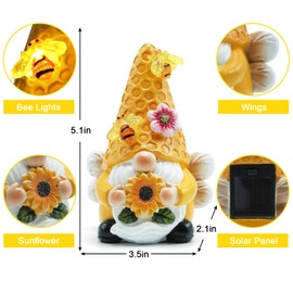 REYISO Garden Gnomes Sculptures for Outdoor& Garden Decor with Solar Bee Lights-Gnomes Decorations for Home- Sunflower Gifts for Women, Mom or Birthdays-Summer Gnomes Fairy Garden for Patio,Yard,Lawn