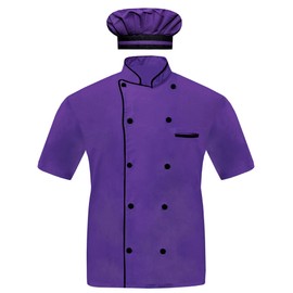 INFOHANDMADE Modeling Men Chef Jacket Half Sleeves in 10 Colours Chef Coat with Cap Purple (Small)