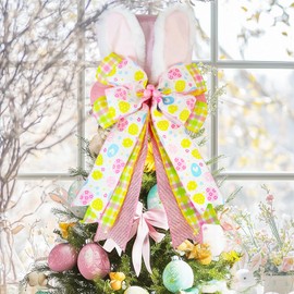 Easter Tree Topper Hat with Bunny Ears, Pink Velvet Top Hat Tree Topper with Bow, Egg Ribbon Spring Tree Decorations Ornament for Easter Christmas Tree Indoor Outdoor