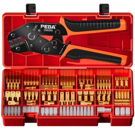 PEBA Open Barrel Crimping Tool Kit - 14 Sizes Quick Splice Male and Female Wire Spade Connectors & Piggy-back with Ratcheting Crimper AWG 24-14, for Electrical Wiring Car Audio Speaker Connectors