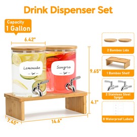 KitHero 2 Pack 1 Gallon Borosilicate Glass Beverage Dispenser - Detachable Stand,Stainless Steel Spigot, Bamboo Lid,8 Waterproof Labels for Parties, Juice, Cold & Hot Drinks