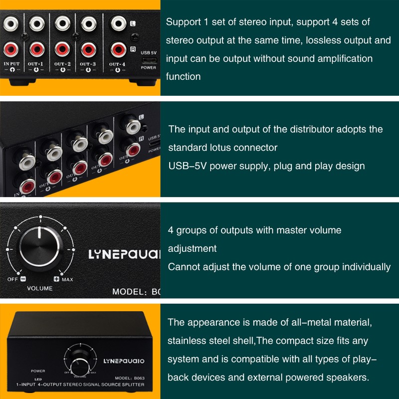 LYNEPAUAIO B063 1 in 4 out Audio Signal Distributor Stereo