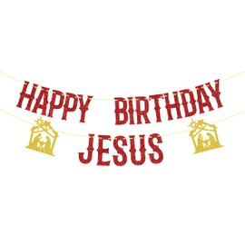 Happy Birthday Jesus Banner Red Glitter, Merry Christmas Holiday Winter Merry Christmas Party Banner ,Christian Christmas Jesus' Birthday Decor