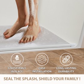 Collapsible Shower Dam - Water Threshold Barrier Stopper for Curb Free Shower/Easy Wheelchair Roll in/Use with Weighted Curtain for Full Splash Guard/White EPDM/Radius End Caps/ 96"