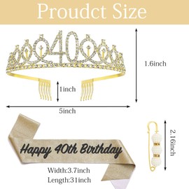 POPOYU 40th Birthday Crown and Sash, Crown 40th Birthday Women, 40th Birthday Tiara, Gold, Crown 40th, 40th Birthday Girl Headpiece for Birthday Gift, Party Accessories