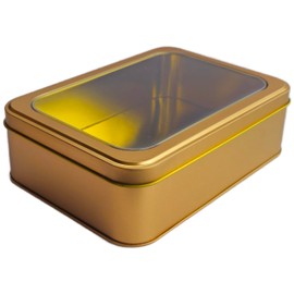 hadaaya Rectangular Tin With Clear Lid Gift box Multipurpose Kitchen Storage Container For Cookie Candy Chocolates Party Favors Crafts Gift Tin Box For weddings and Holidays. GOLD - CLEAR LID