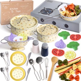 Veitch fairytales Kids Play Kitchen Toy Accessories Set Toddler Cooking Playset Vintage Colorful Flower Pots and Pans Play Foods Toy Gifts for 3 4 5 6 Year Old Girls Boys (Yellow)