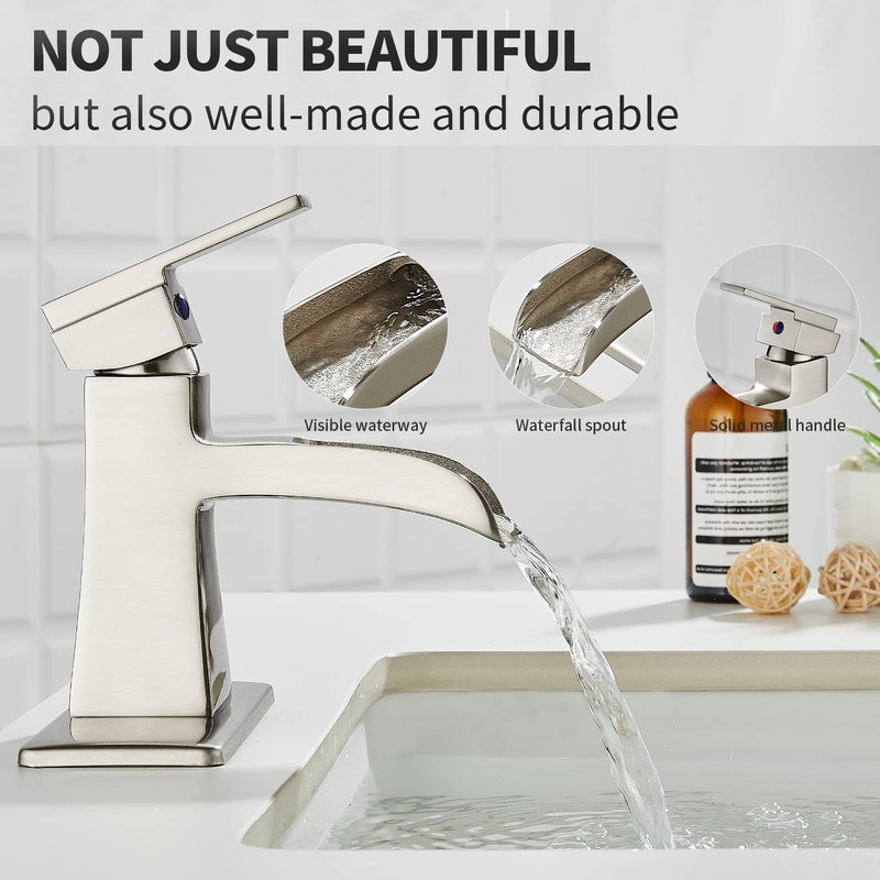 Sanliv Bathroom Faucet Brushed Nickel, Waterfall Bathroom Faucet, One-Handle Single